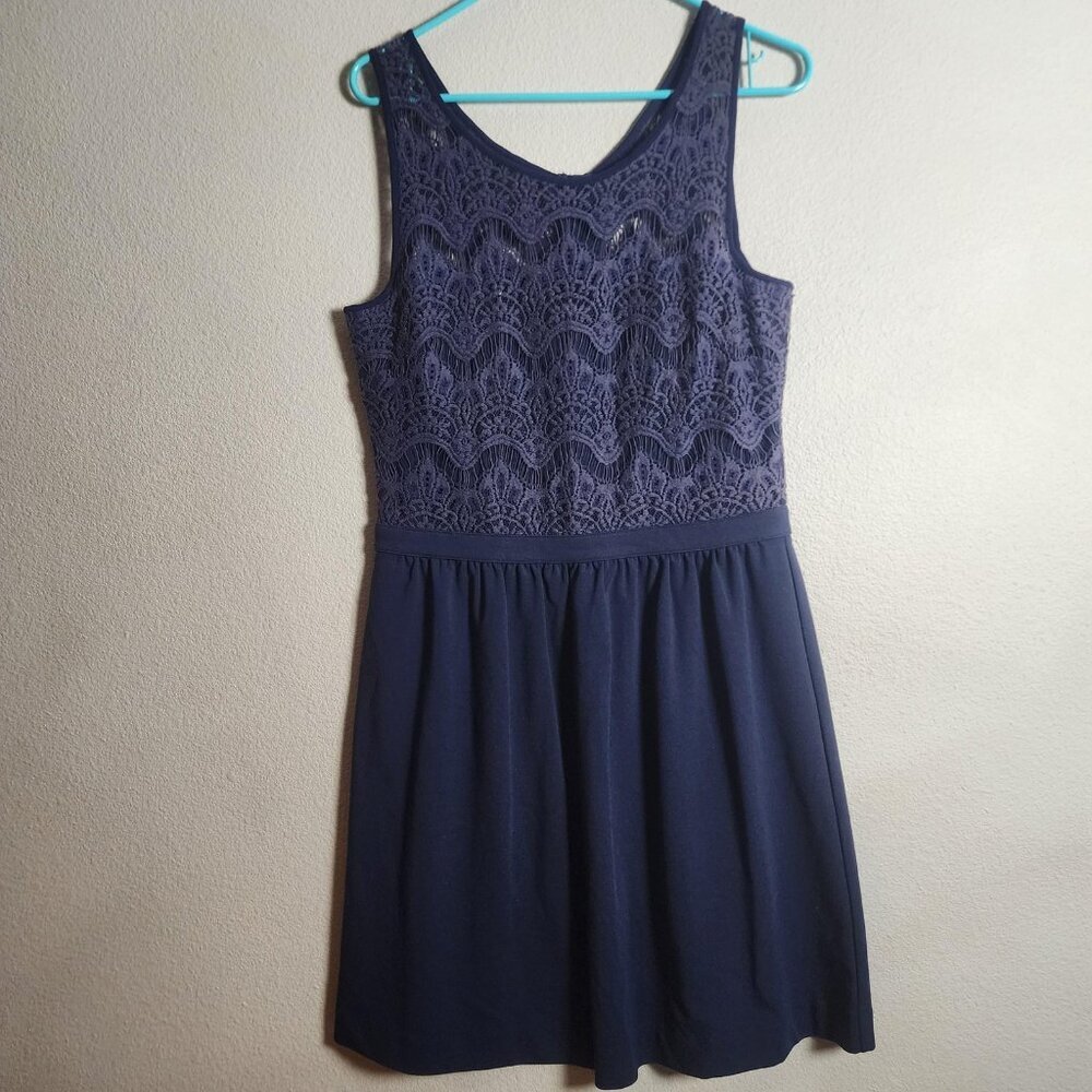 Lilly Pulitzer Dress Womens Large Navy Blue Lace Bodice Fit Flare Sleeveless